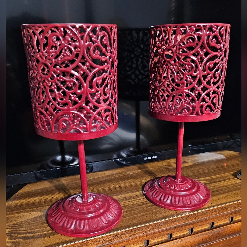 Set of Two Metal Ornate Pedestal Large Candle Holder Marroon Dark Red EUC - Picture 3 of 10